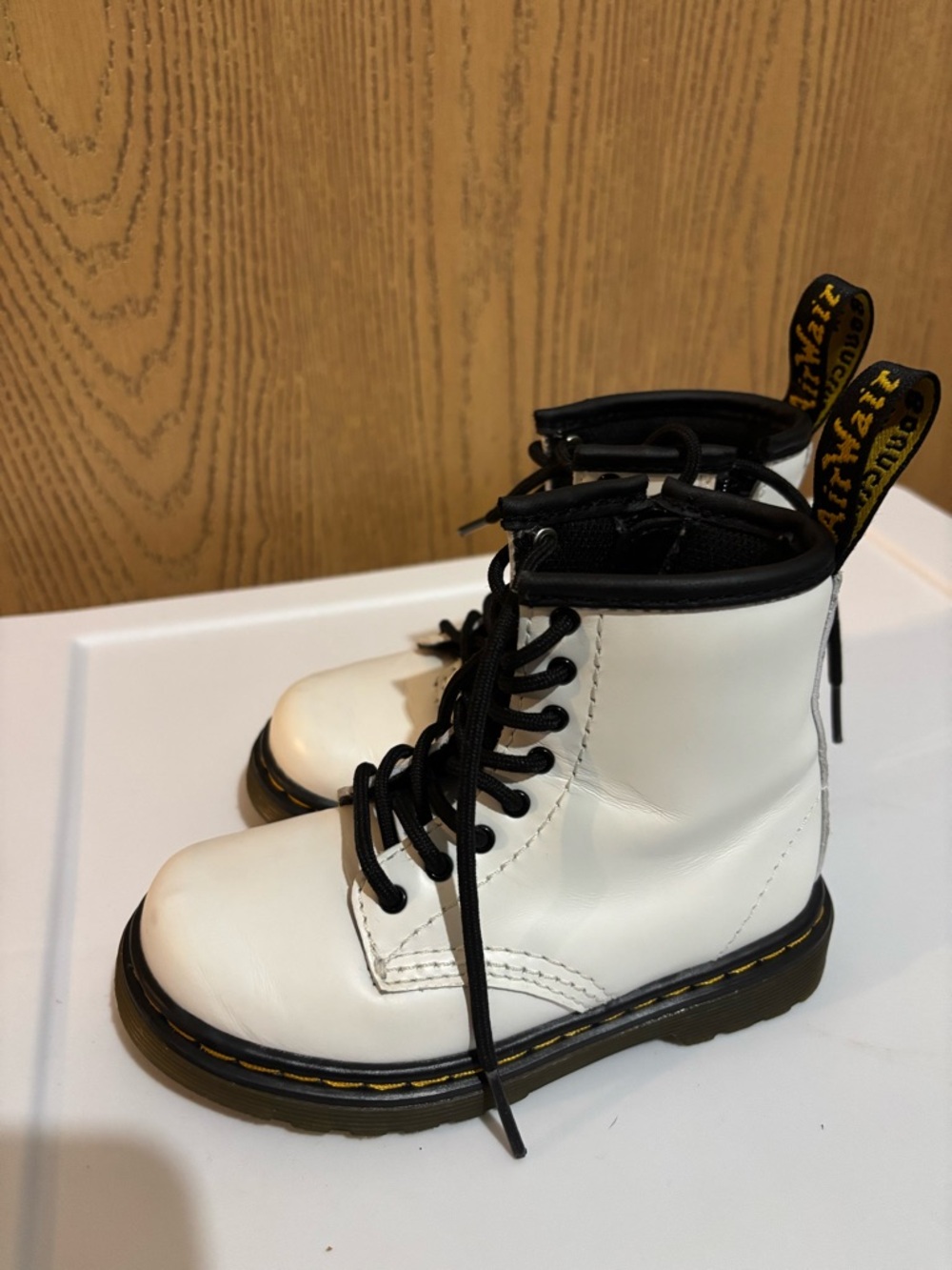 Dr Martens White Lace-Up Combat Boots with Black Trim - Picture 2 of 4